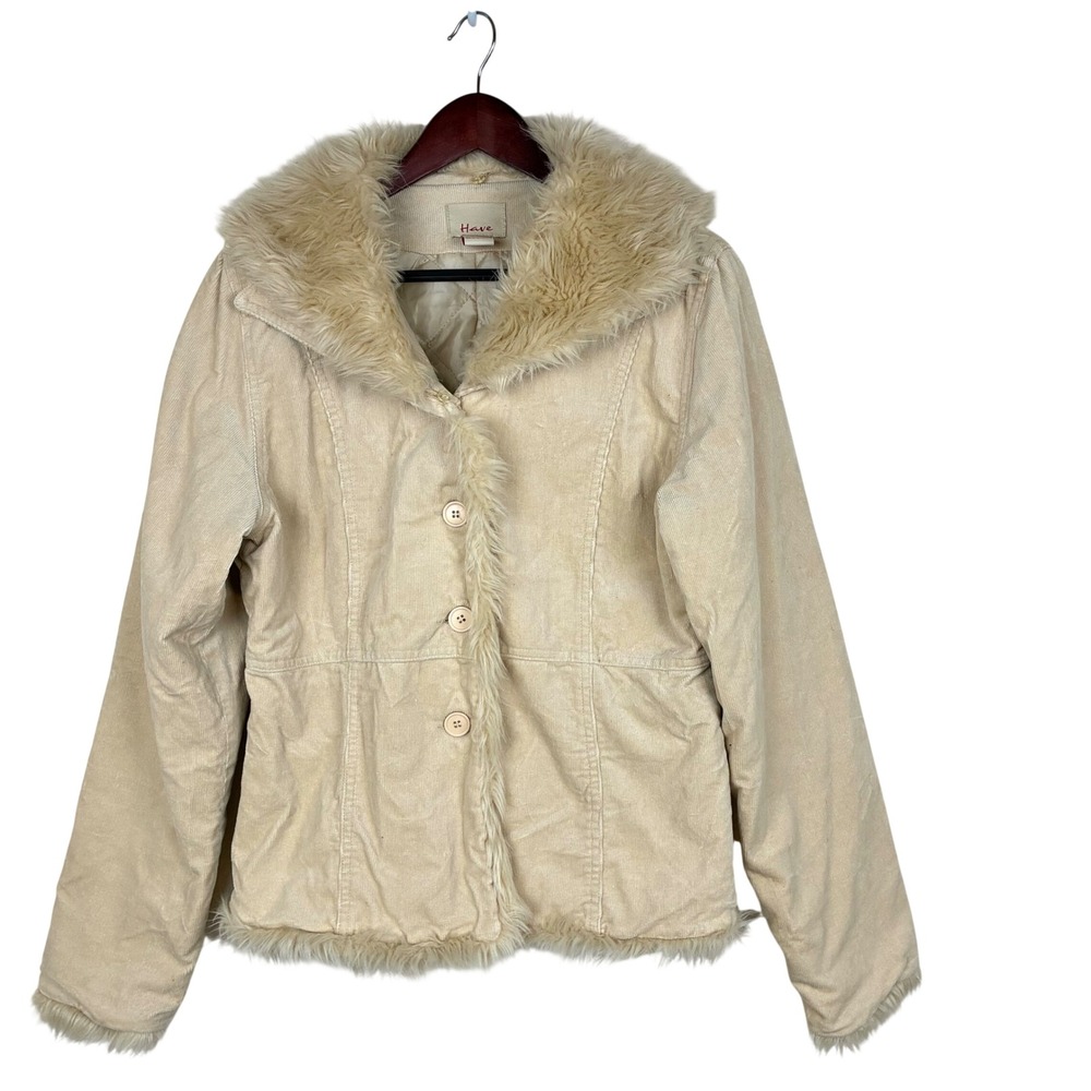 Vtg Y2K 90s Womens Coat L Penny Lane Faux Fur Trim Boho Corduroy Cream Afghan